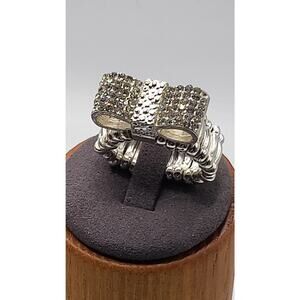 Rhinestone Bow Ring Stretch Band Silver Tone Statement